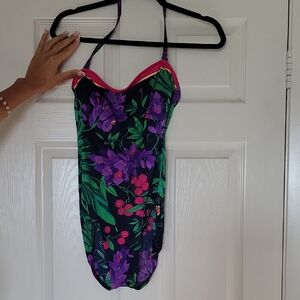 Floral Womens One Piece Swimsuit - Purple and Green